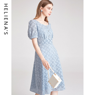 海兰丝HOT夏法式复古短袖A字裙子气质收腰镂空蓝色连衣裙