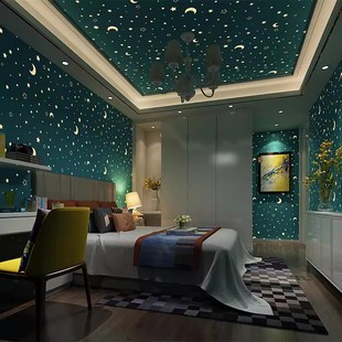 夜光星星月亮儿童房卧室自粘壁纸男女孩卡通3D星空荧光墙纸天花板