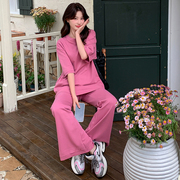 夏季粉色简约宽松t恤+休闲长裤喇叭裤两件套显高显瘦时尚甜美套装