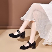 韩式春秋季百搭舒适拼色方头浅口高跟鞋复古粗跟玛丽珍女单鞋