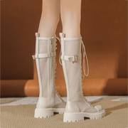 Kv。长靴女夏季薄款高筒靴镂空透气网靴白色中筒靴粗跟靴子真皮马