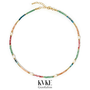 KVKE波西米亚锁骨链choker海边沙滩度假彩色天然石拼接珍珠项链女