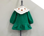 韩国童装24春女童宝大花边刺绣翻领绿长袖，连衣裙洋气公主裙