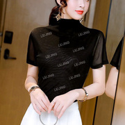 韩版打底衫上衣高领短袖修身显瘦性感黑色内搭网纱t恤女夏外穿潮