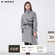 sdeer圣迪奥女装春秋，立领条纹胶印，收腰不规则长款风衣s21381704