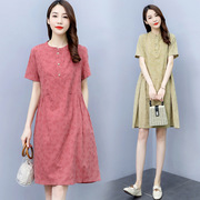 棉麻连衣裙2023年夏季女装韩版宽松小个子时尚，洋气亚麻裙子潮