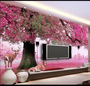 欧式简约3d立体壁画客厅沙发，电视背景墙壁纸卧室温馨浪漫粉色墙纸
