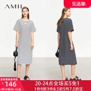艾米amii女装夏天细条纹蝙蝠袖短袖中长懒人T恤连衣裙长裙