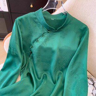 春秋2024新中式绿色重磅真丝国风长袖衬衫女复古盘扣洋气上衣