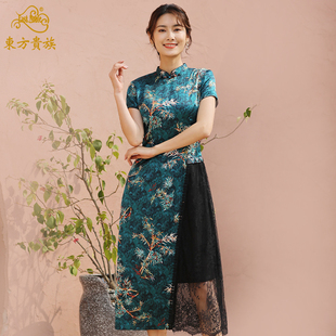 东方贵族(东方贵族)中国风旗袍，改良版连衣裙中长款真丝，印花妈妈中年款裙子
