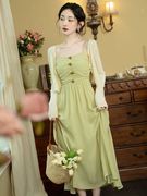 夏季女装复古法式浪漫薄荷，绿色吊带裙+开衫，温柔气质超仙茶歇度假
