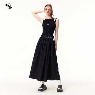 Vone SheeE设计感小众小香风裙子夏季女修身长裙黑色连衣裙背心裙