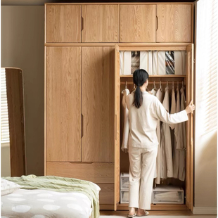 红橡木衣柜全实木衣橱北欧卧室移门家用对开门收纳柜子衣橱储物柜