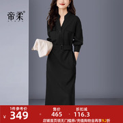 复古黑色连衣裙长袖2023秋季休闲工装风，修身衬衫裙时尚百搭气质