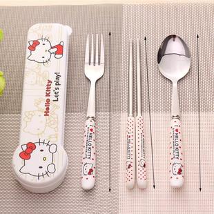 304不锈钢勺子叉子筷子可爱哈喽Kitty学生儿童餐具外出便携盒套装