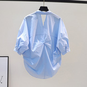 蓝色衬衫女士短袖夏季薄款2024年法式设计感小众褶皱衬衣上衣