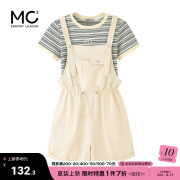 mc2圆领条纹短袖t恤+背带短裤两件套女装，夏季可爱小清新套装