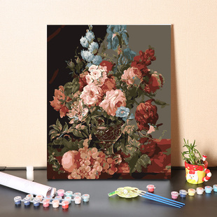 数字油画diy手工填充欧式复古花卉手绘涂色客厅，装饰丙烯油彩画画