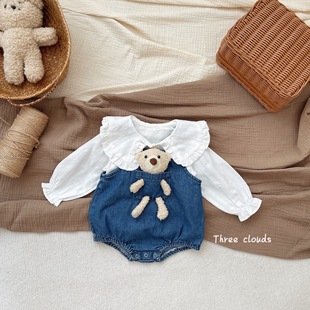 三小朵婴幼儿宝宝男女儿童春秋，款可爱小熊，牛仔背带裤领韩版衬衫23