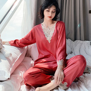 绸缎睡衣女士2023新款真丝薄款长袖蕾丝宽松性感家居服两件套装夏