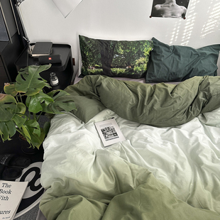 渐变的森林绿简约男士床上四件套纯棉全棉床单，被套床笠床品三件套
