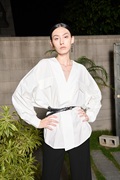 CHIC GALAXY法式设计师时装口袋刺绣蝙蝠袖白衬衫女独立剪裁上衣