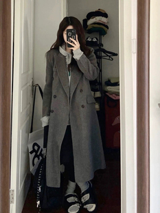 长款灰色毛呢外套女冬装，英伦赫本风高级感小个子西装呢子大衣