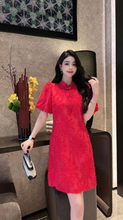 年轻款新中式国风印花裙高级感小黑裙春夏款欧货红色毛须连衣裙女