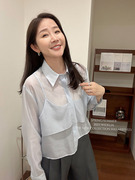 widelia十三行老板娘夏韩版小众设计感蓝色衬衫女不规则衬衣7229