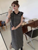 韩版夏季黑白拼色条纹流苏连衣裙，女宽松长款显瘦减龄直筒背心长裙