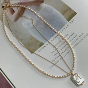 天然小米珠强光淡水珍珠镶嵌炫彩，巴洛克项链女气质复古双层叠戴