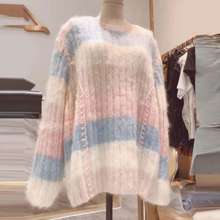 韩国东大门22冬季马海毛，针织衫女超仙中长款套头，条纹圆领毛衣