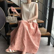韩国chic夏季复古圆领蕾丝钩花撞色拼接设计宽松长款背心连衣裙女