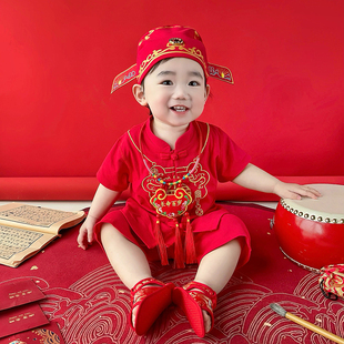 男宝宝一周岁宴礼服红色短袖婴儿唐装套装男童中国风抓周衣服夏季