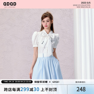 qdqd夏季法式白色蝴蝶结衬衫，灯笼袖系带收腰小众，设计感上衣