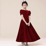 女童公主裙红色，高端礼服走秀钢琴演奏儿童，演出服轻奢小众晚礼服