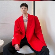 2023春装定制款红色西装外套男时尚复古风潮牌休闲小西装上衣