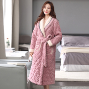 冬季珊瑚绒夹棉女士睡袍三层加绒加厚保暖开衫长袖甜美法兰绒睡衣
