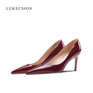 lukecsion真皮酒红色镜面，漆皮高跟鞋时尚，细跟百搭尖头浅口单鞋女
