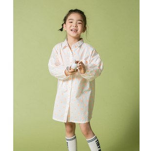 女童衬衫裙韩版中长款中大童橙色方块，印花纯棉长袖春夏洋气潮2020