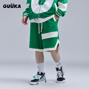 GUUKA糖果绿色拼接休闲短裤 时代少年团宋亚轩同款刺绣运动裤宽松