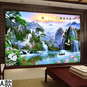 中式无缝大型壁画流水生财山水迎客松风景壁纸墙布客厅电视背景墙
