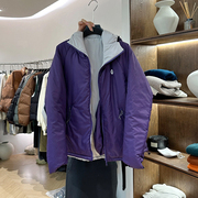紫色户外两面穿连帽冲锋衣女秋冬十三行女装山系棉服运动外套