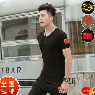 中国china爱国t恤黑色夏季男士，修身剌绣五星红旗上衣运动短袖潮t