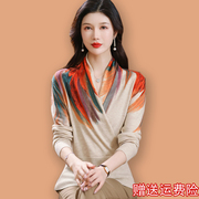 2024春装羊毛衫女印花气质，妈妈装薄款毛衣，修身羊绒针织衫上衣