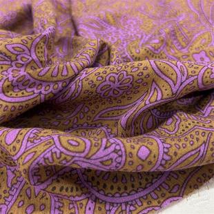 亲肤透气橘黄色底紫色腰果，花卉全棉麻纱，垂感飘逸连衣裙上衣布料