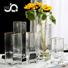 欧式轻奢描金玻璃花瓶，透明方口创意水培植物鲜花，家用桌面摆件简约