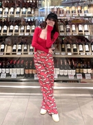 春夏套装女韩版可爱卡通印花阔腿长裤复古红色开衫打底背心三件套