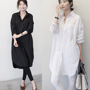 韩国东大门白色衬衫女长袖，2024春季宽松bf风大版棉加长款衬衣
