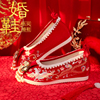 原创红色古风汉服婚鞋中式复古秀禾婚鞋新娘结婚鞋坡跟低跟绣花鞋